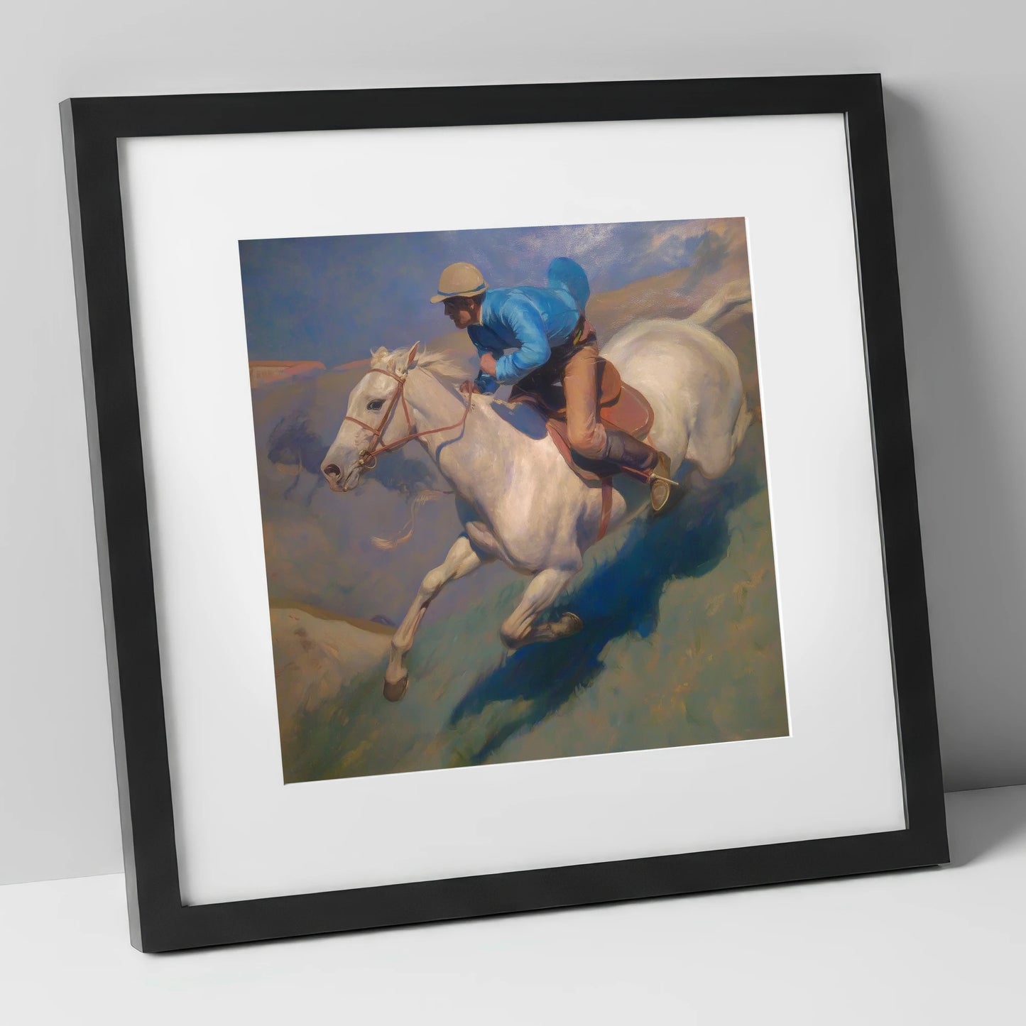 Cerulean Gallop racing horse art print in black frame