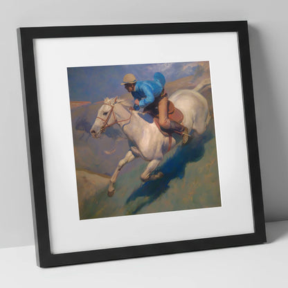 Cerulean Gallop racing horse art print in black frame