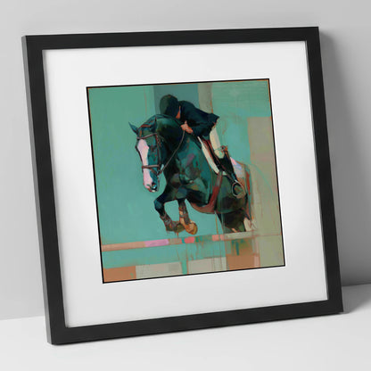 Suspended in Teal show jumping horse art print in black frame