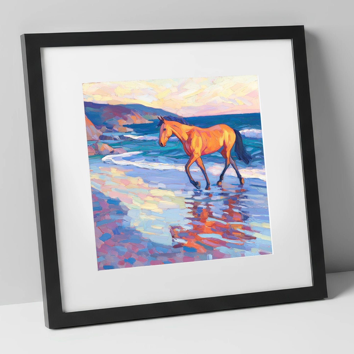 Vibrant Coastal Stride horse landscape art print in black frame