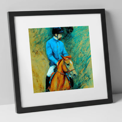 The Cerulean Jockey racing horse art print in black frame