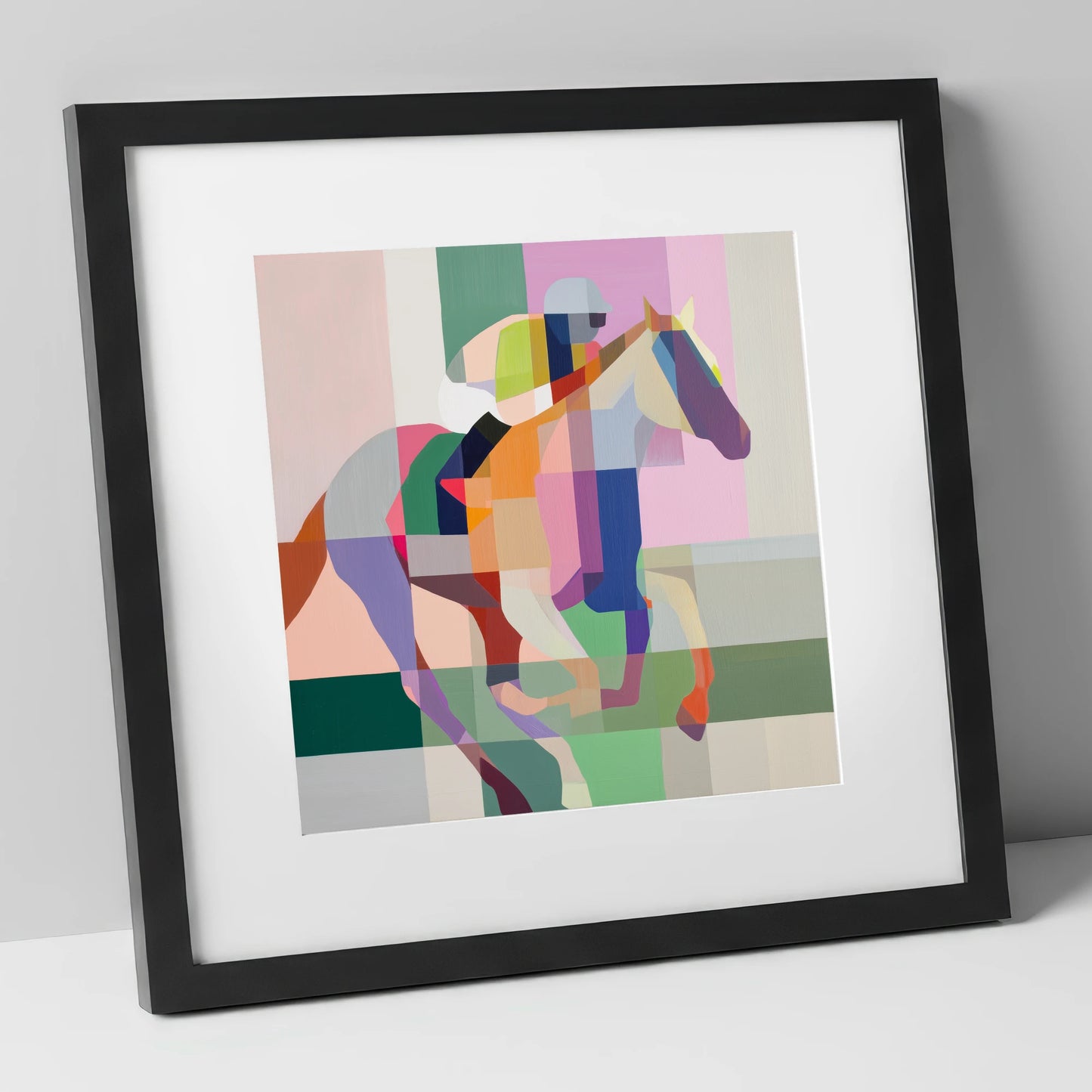 The Prismatic Gallop racing horse art print in black frame