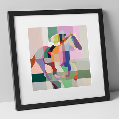 The Prismatic Gallop racing horse art print in black frame