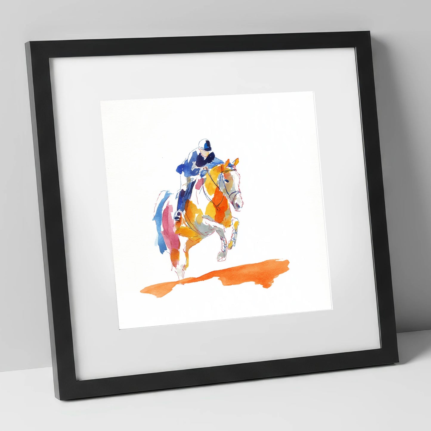 Flight In Colour show jumping horse art print in black frame