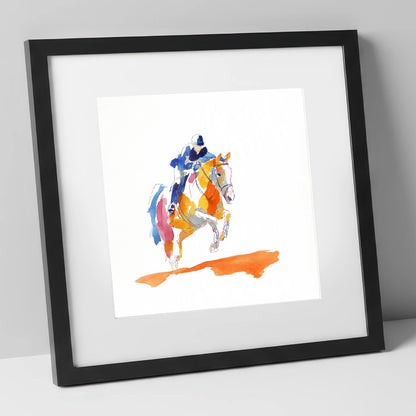 Flight In Colour show jumping horse art print in black frame