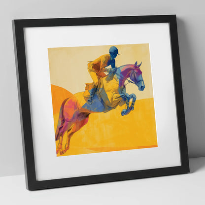Flight Over Gold show jumping horse art print in black frame