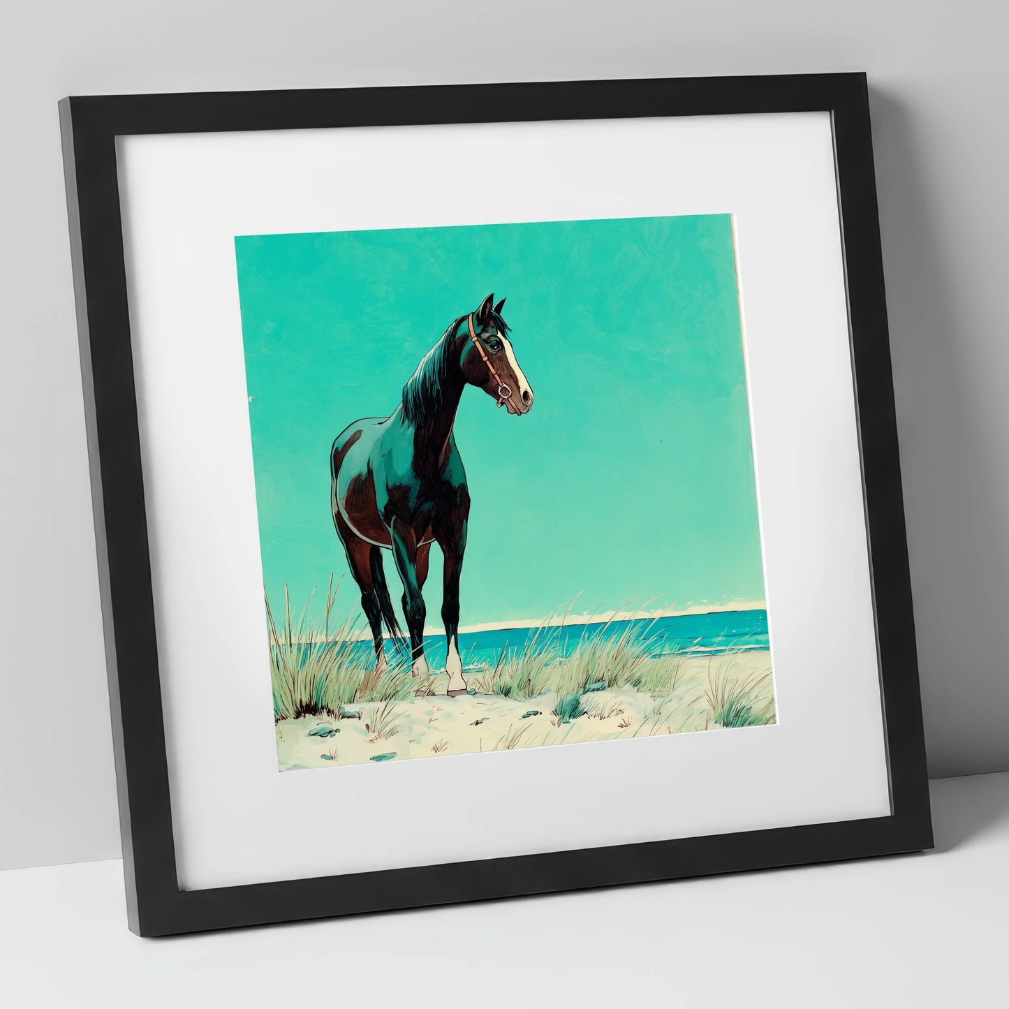 Teal Coastal Vigil horse landscape art print in black frame
