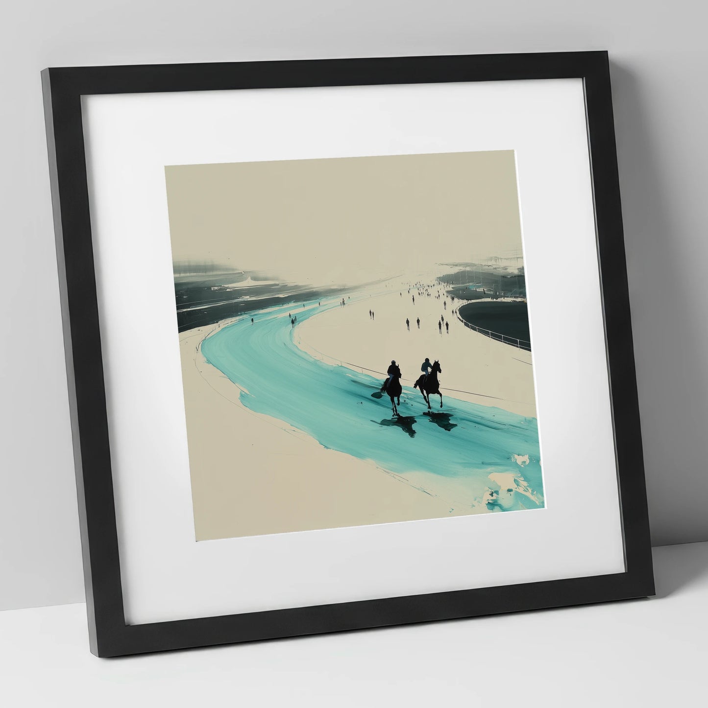 Sweeping the Bend racing horse art print in black frame