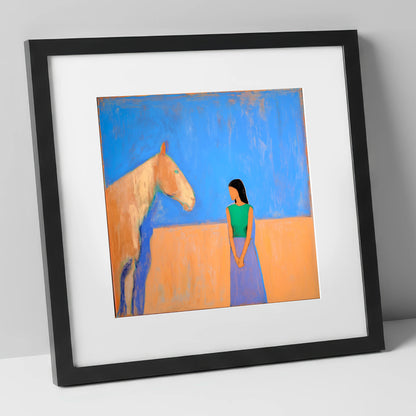 Silent Understanding horse & rider art print in black frame