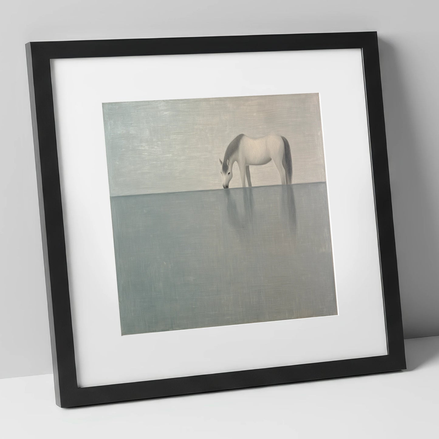 Silver Stillness horse landscape art print in black frame