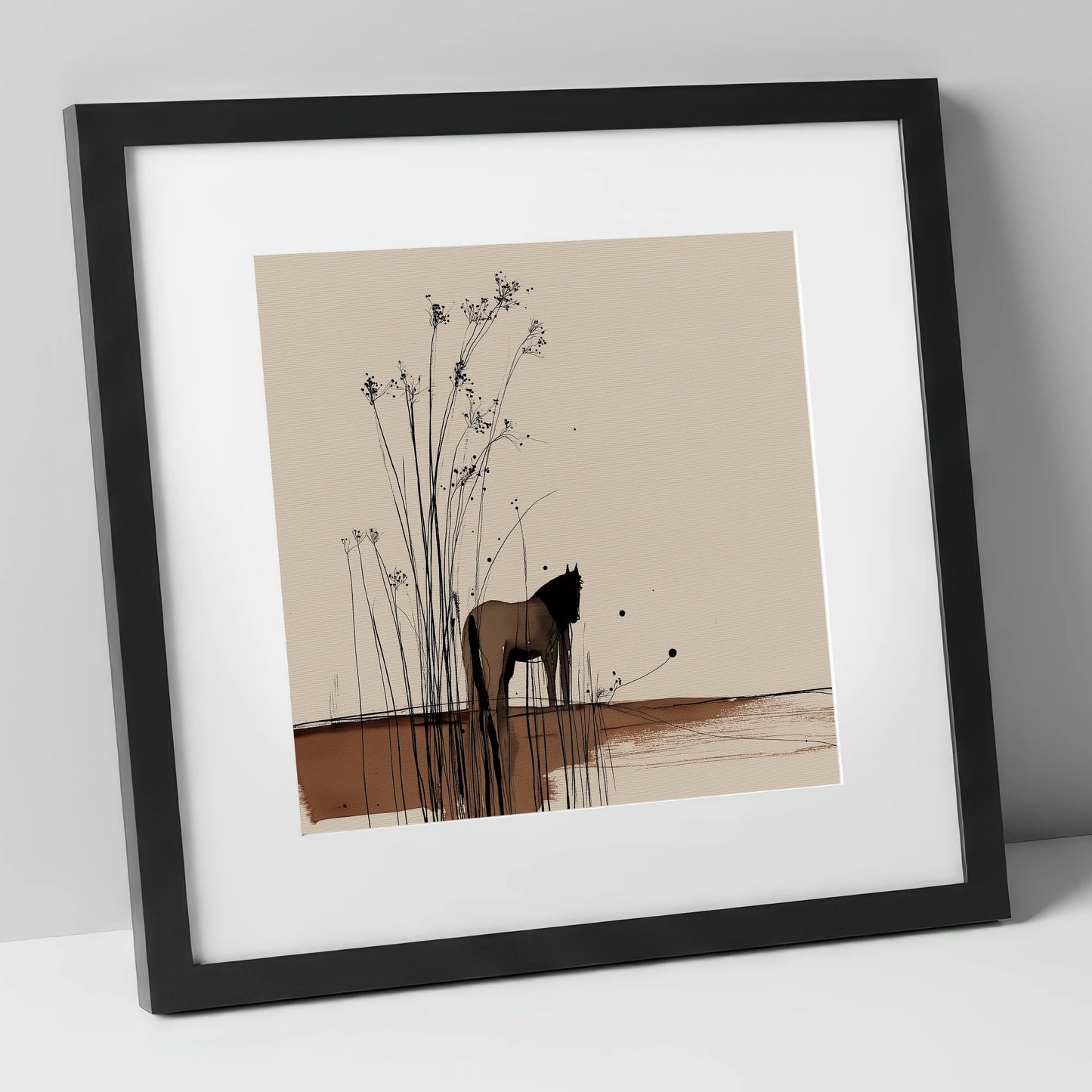 Whispers in the Reeds horse landscape art print in black frame