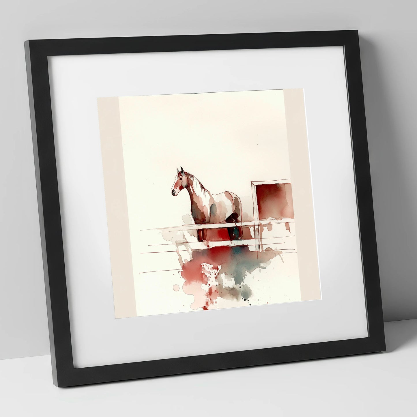Watching from the Rails horse stable art print in black frame