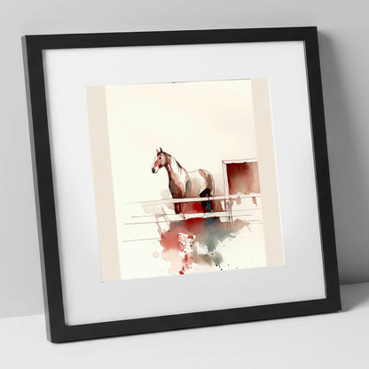 Watching from the Rails horse stable art print in black frame