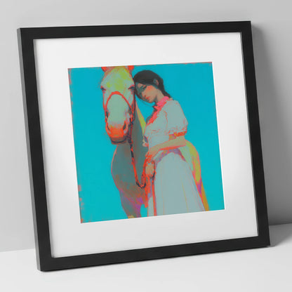 Electric Bond horse & rider art print in black frame