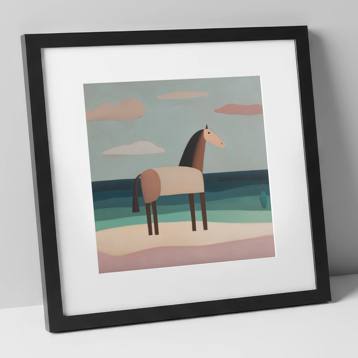 Tranquil Coastal Horizons horse landscape art print in black frame
