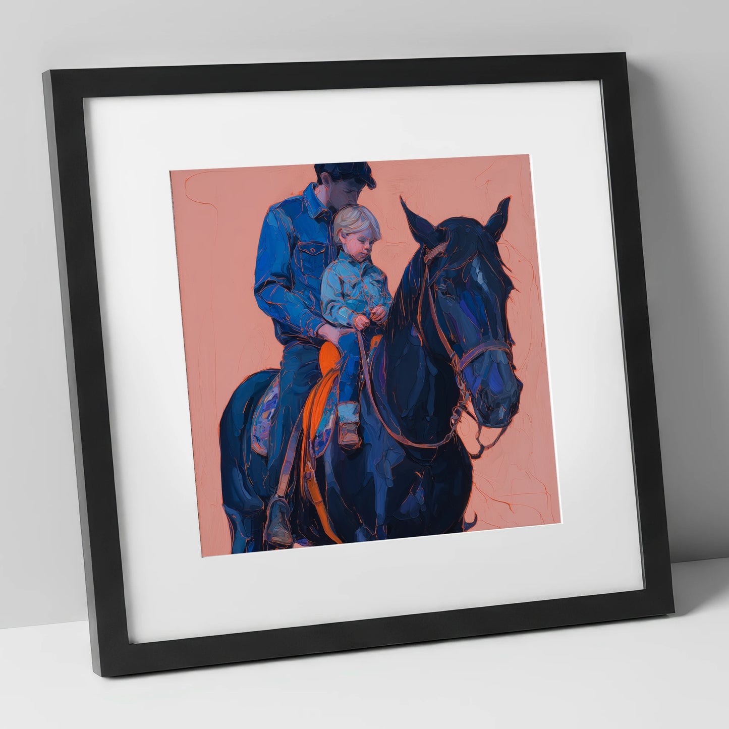 Safe in the Saddle horse & rider art print in black frame