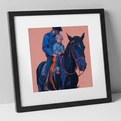 Safe in the Saddle horse & rider art print in black frame