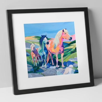 Vivid Moorland Herd horse landscape art print in black frame