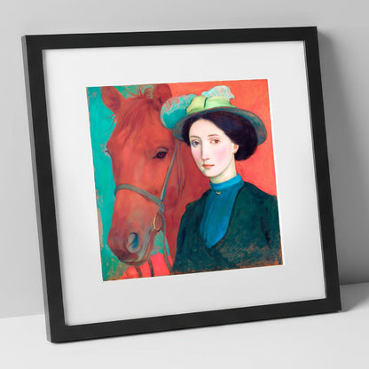 Crimson and Teal Bond horse & rider art print in black frame