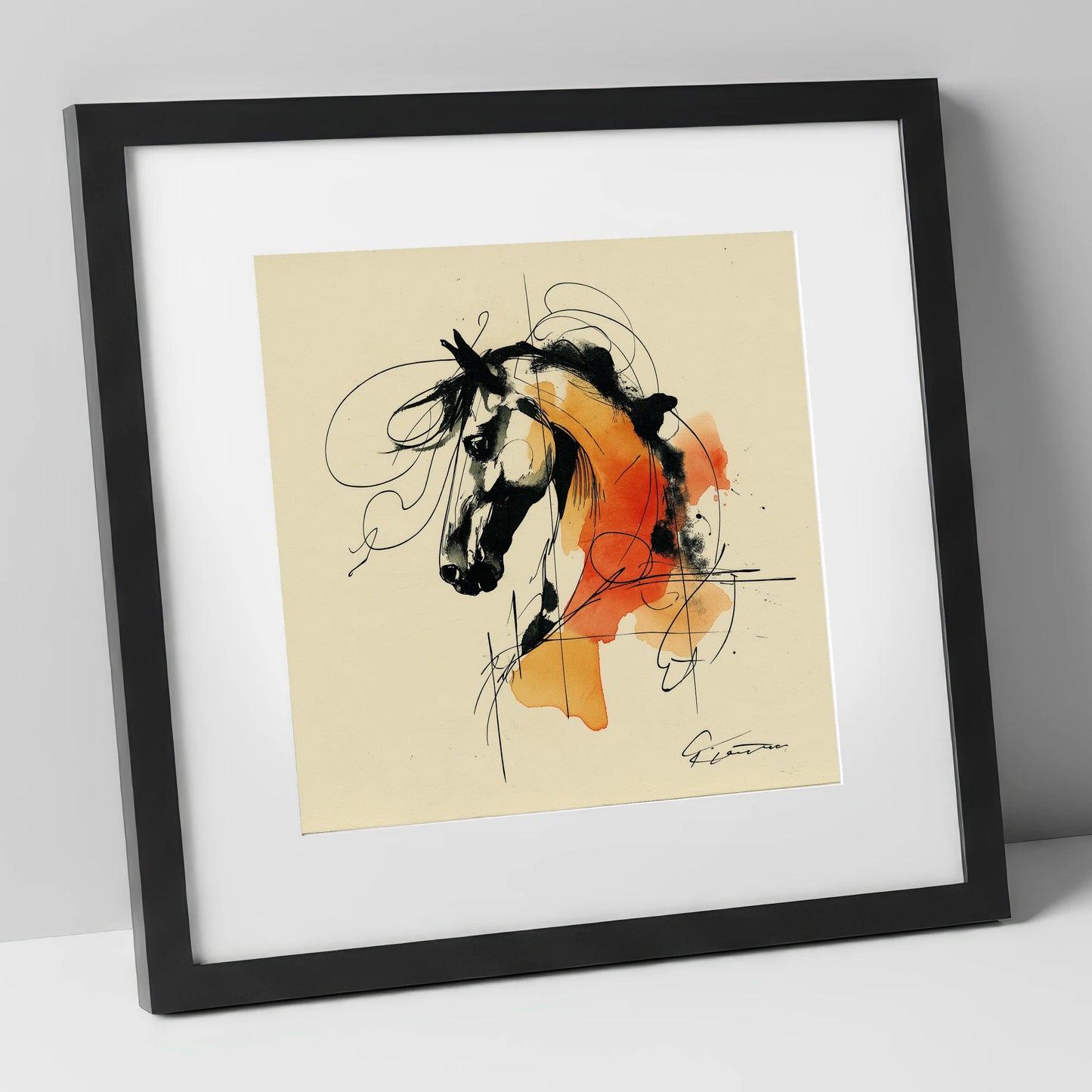Spirit in Ink and Amber horse breed art print in black frame