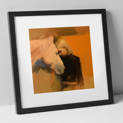 Silent Connection horse & rider art print in black frame
