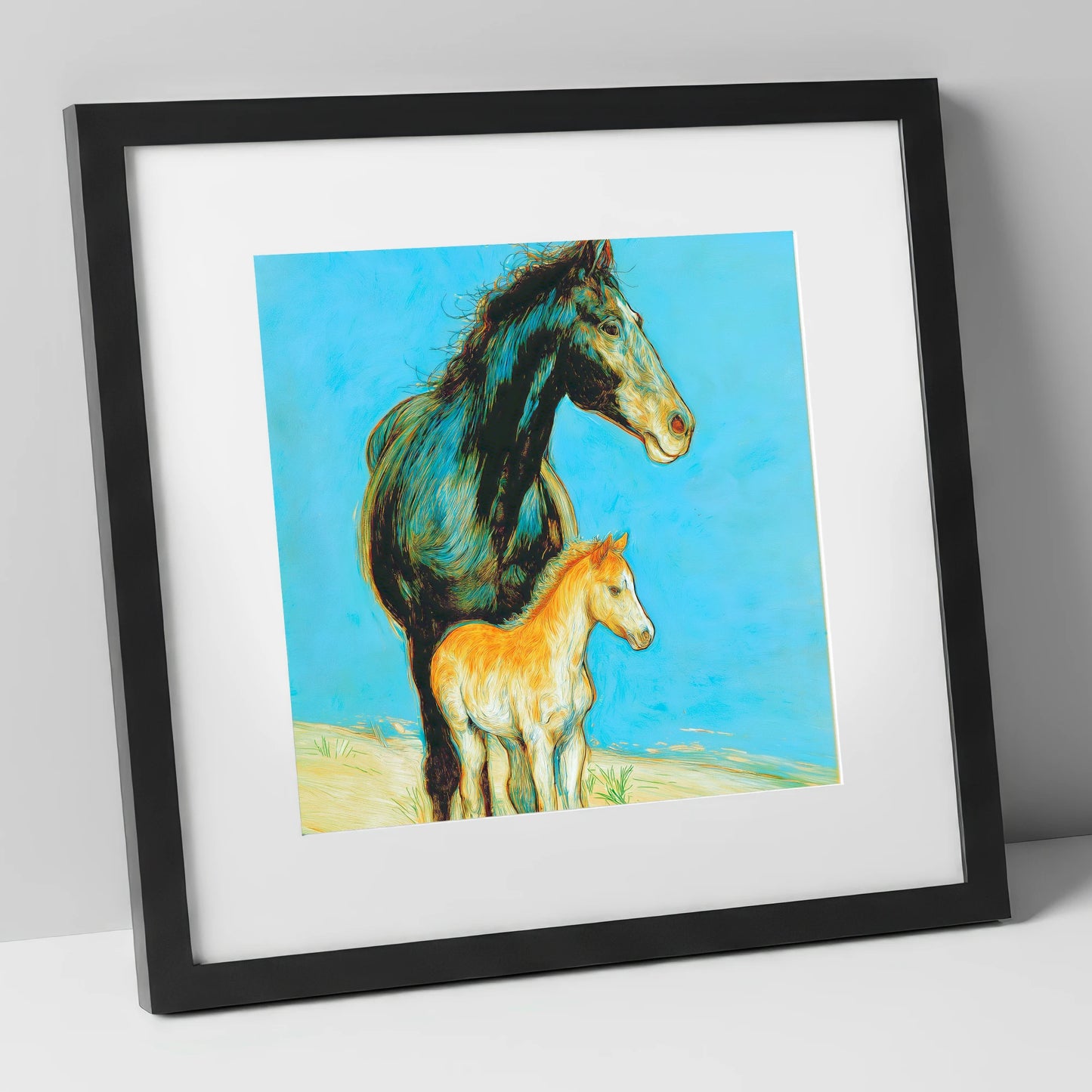 Cerulean Bond mare & foal art print in black frame
