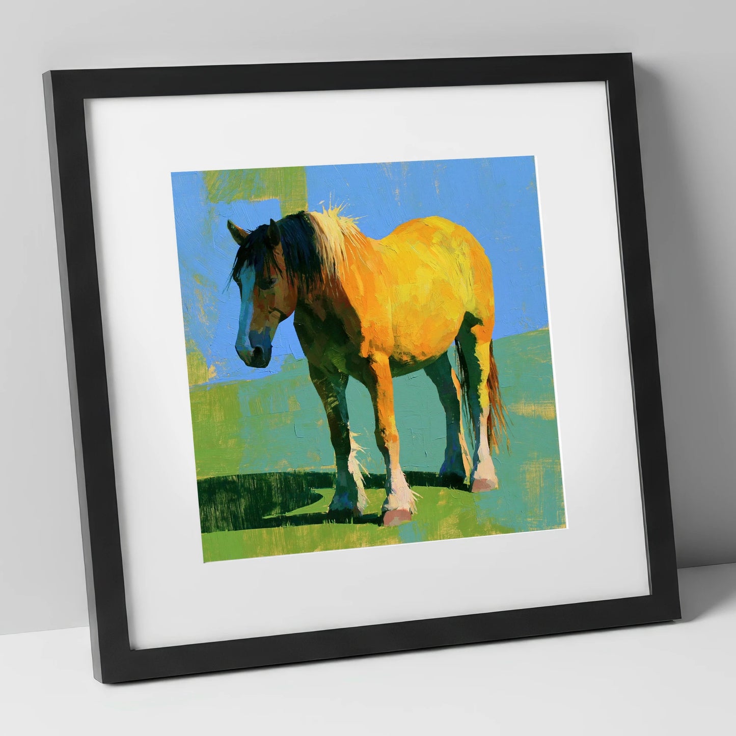 Golden Horse in Vibrant Sunlight horse breed art print in black frame