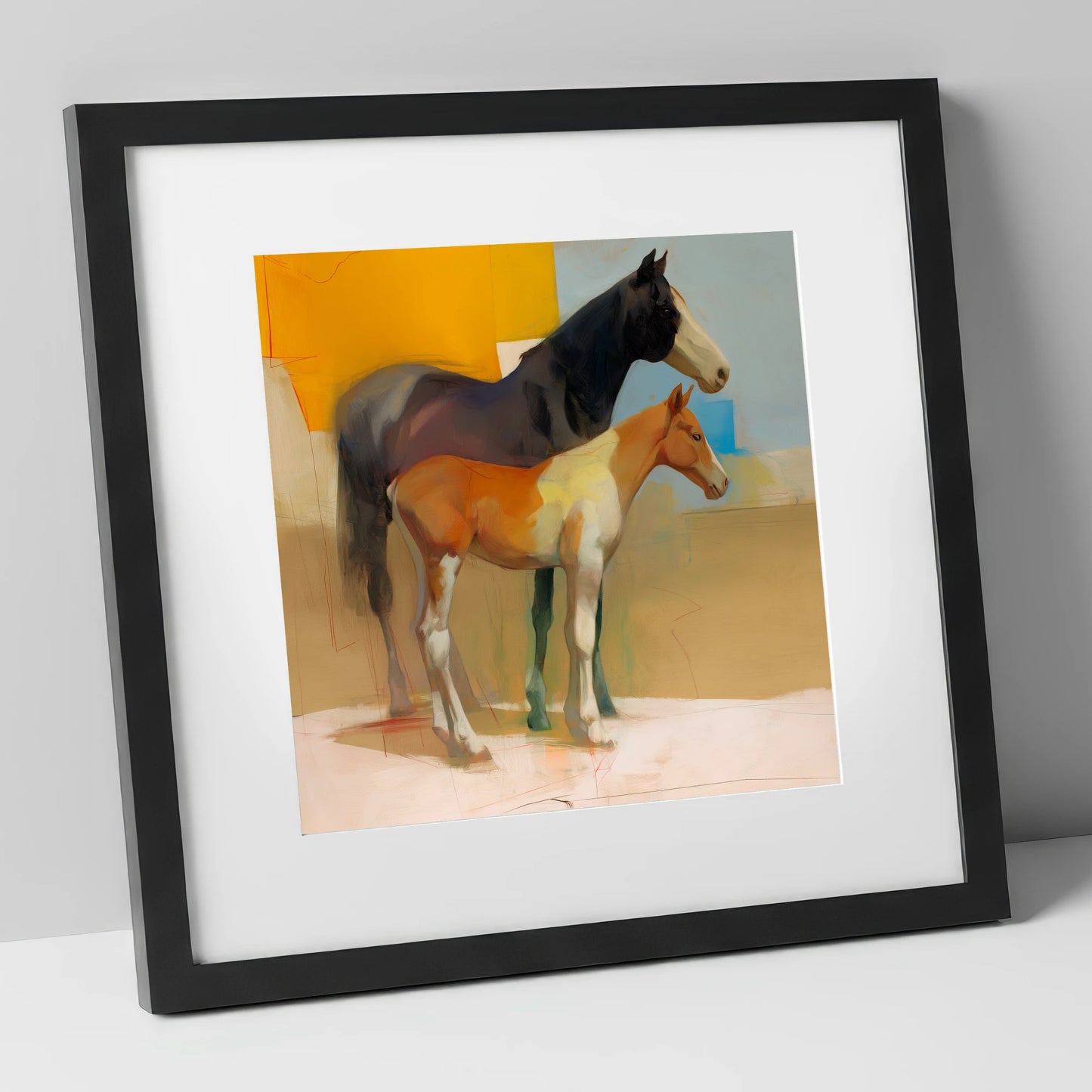 Sunlit Painted Foal mare & foal art print in black frame