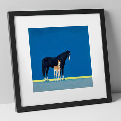 Azure Bond mare & foal art print in black frame