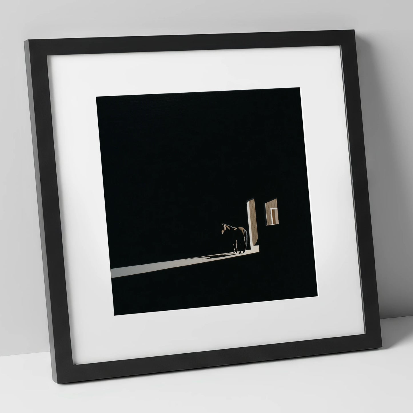 Solitary Light horse stable art print in black frame