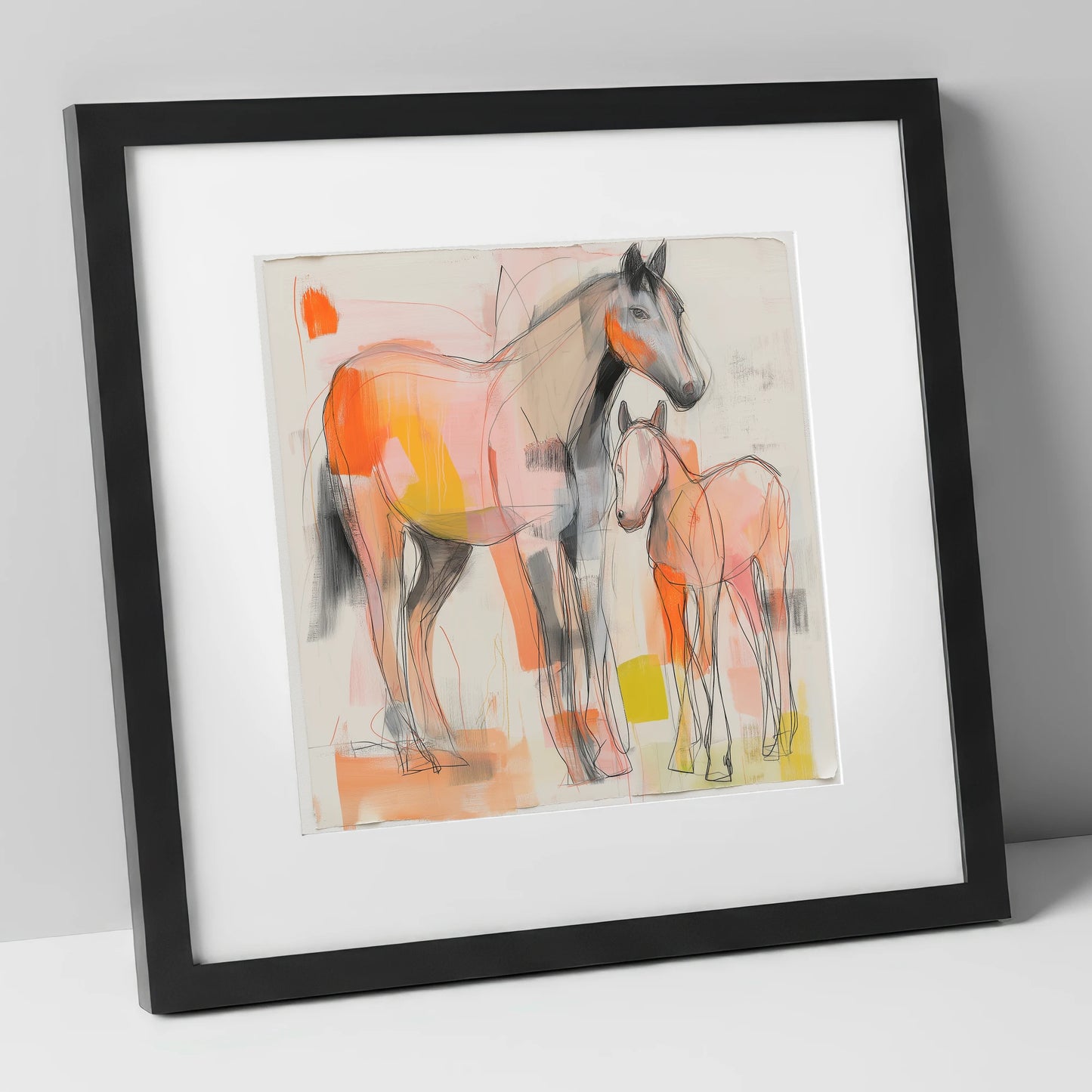 Radiant Beginnings mare & foal art print in black frame
