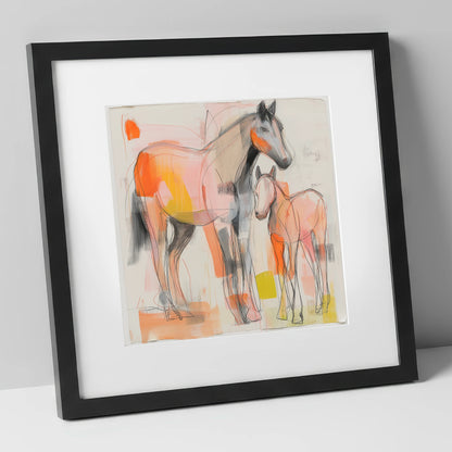 Radiant Beginnings mare & foal art print in black frame
