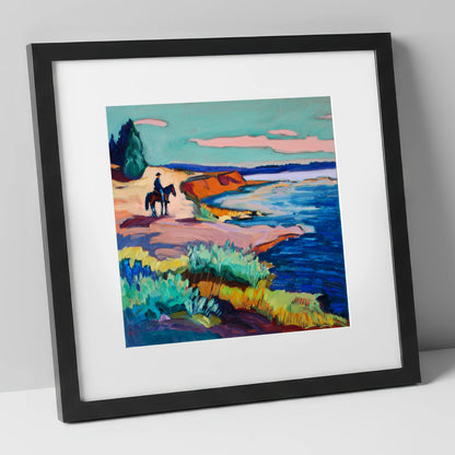 Vivid Coastal Hack beach horse art print in black frame