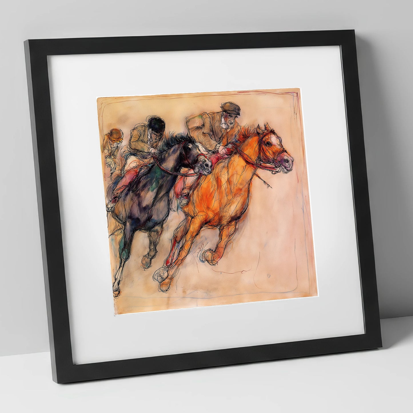 The Final Furlong racing horse art print in black frame