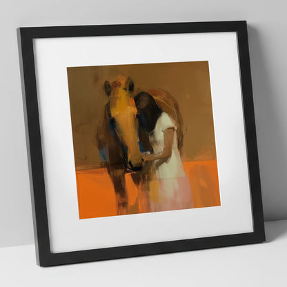 Silent Understanding horse & rider art print in black frame