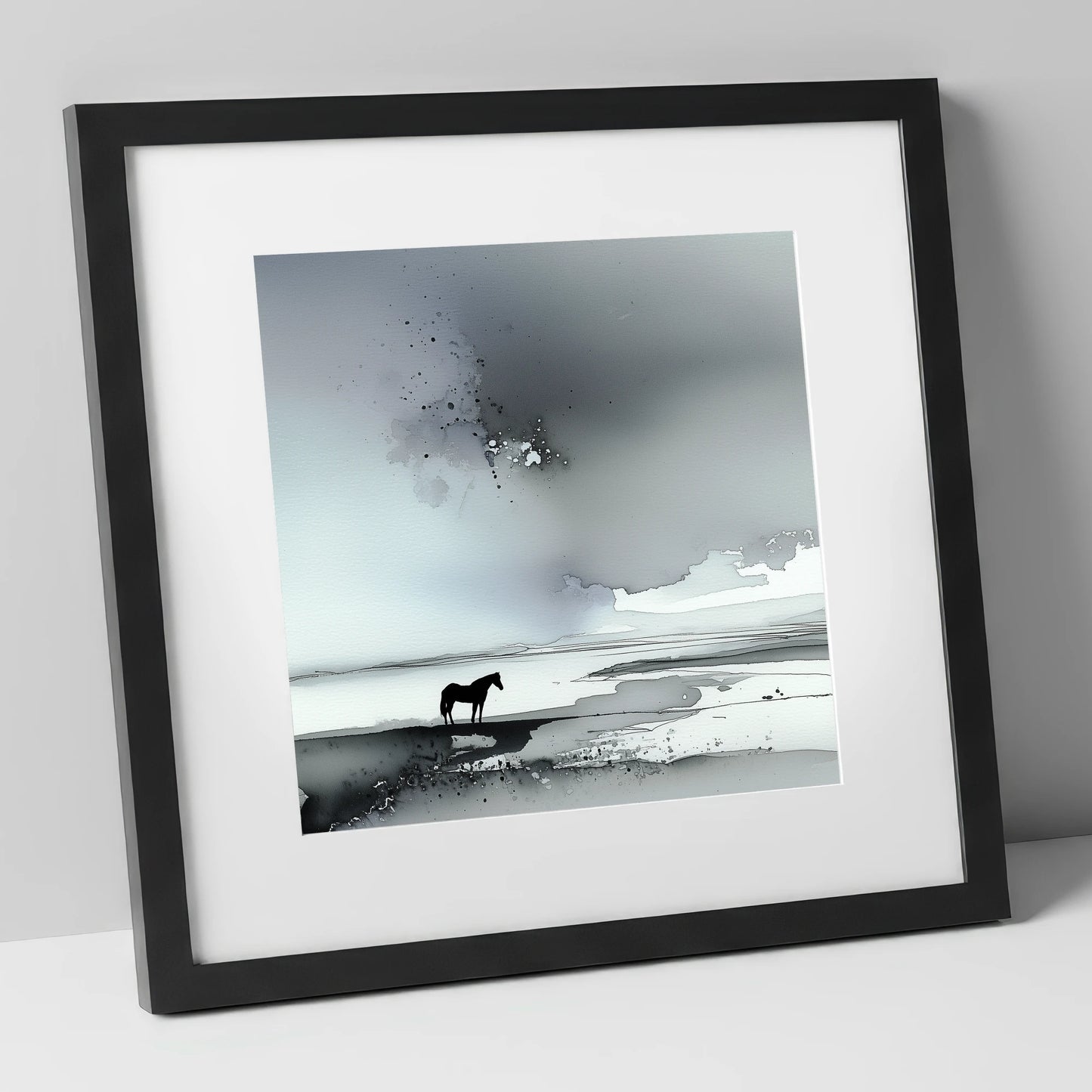 Solitary Horizon horse landscape art print in black frame