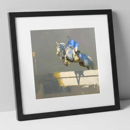Ascent in Blue show jumping horse art print in black frame
