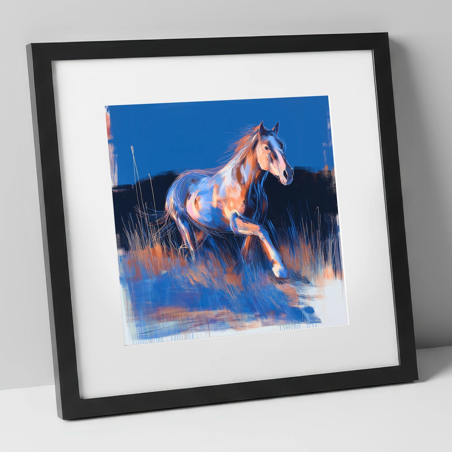 Wanderer in Blue horse landscape art print in black frame