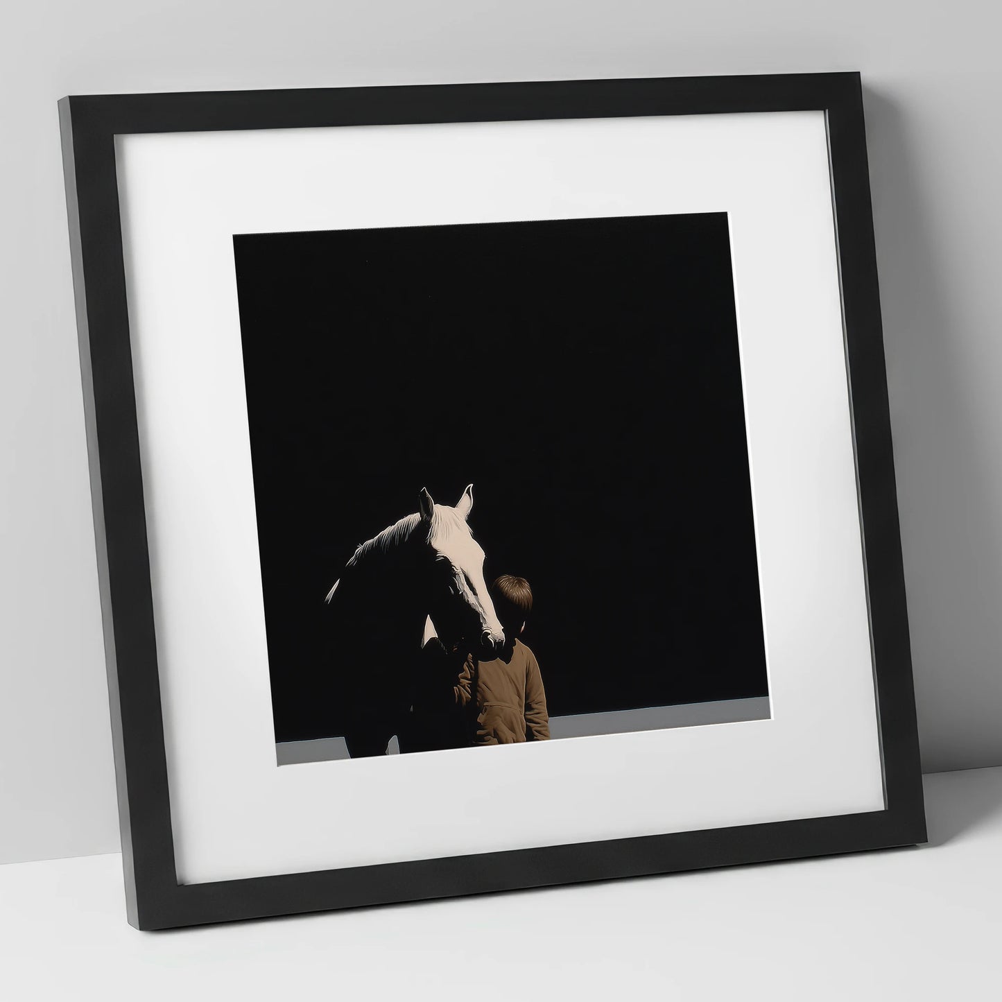 The Silent Bond horse & rider art print in black frame