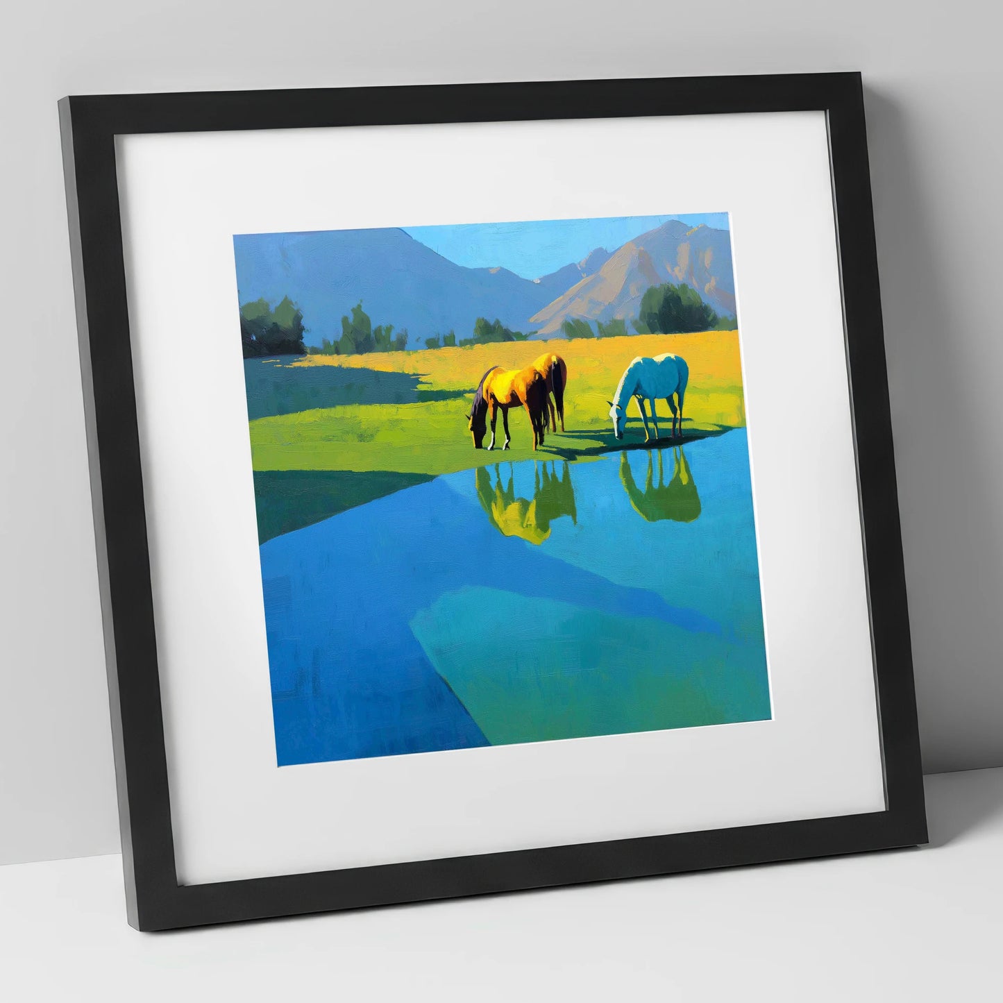 Sunlit Waterside Grazing wild horses art print in black frame