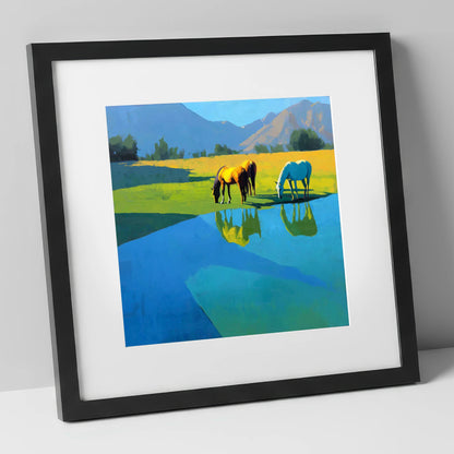 Sunlit Waterside Grazing wild horses art print in black frame