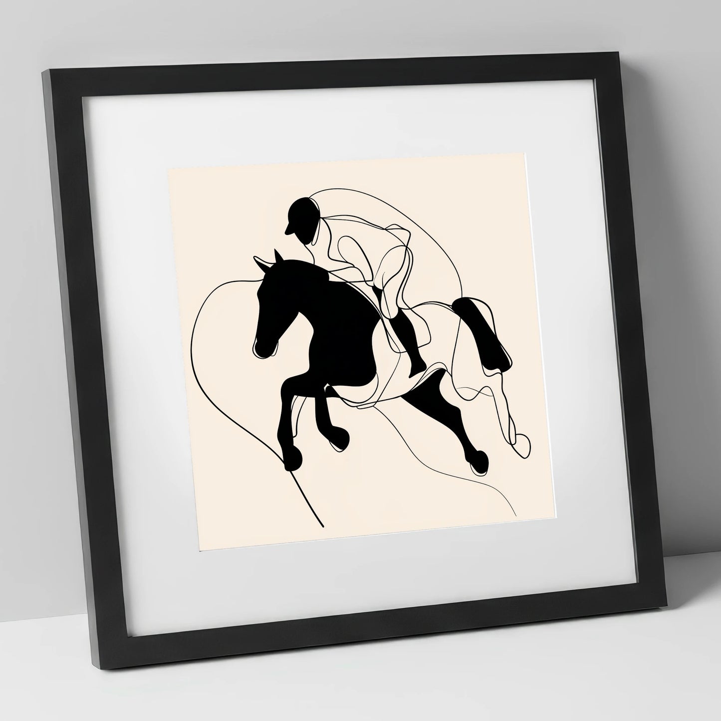 Airborne Elegance show jumping horse art print in black frame