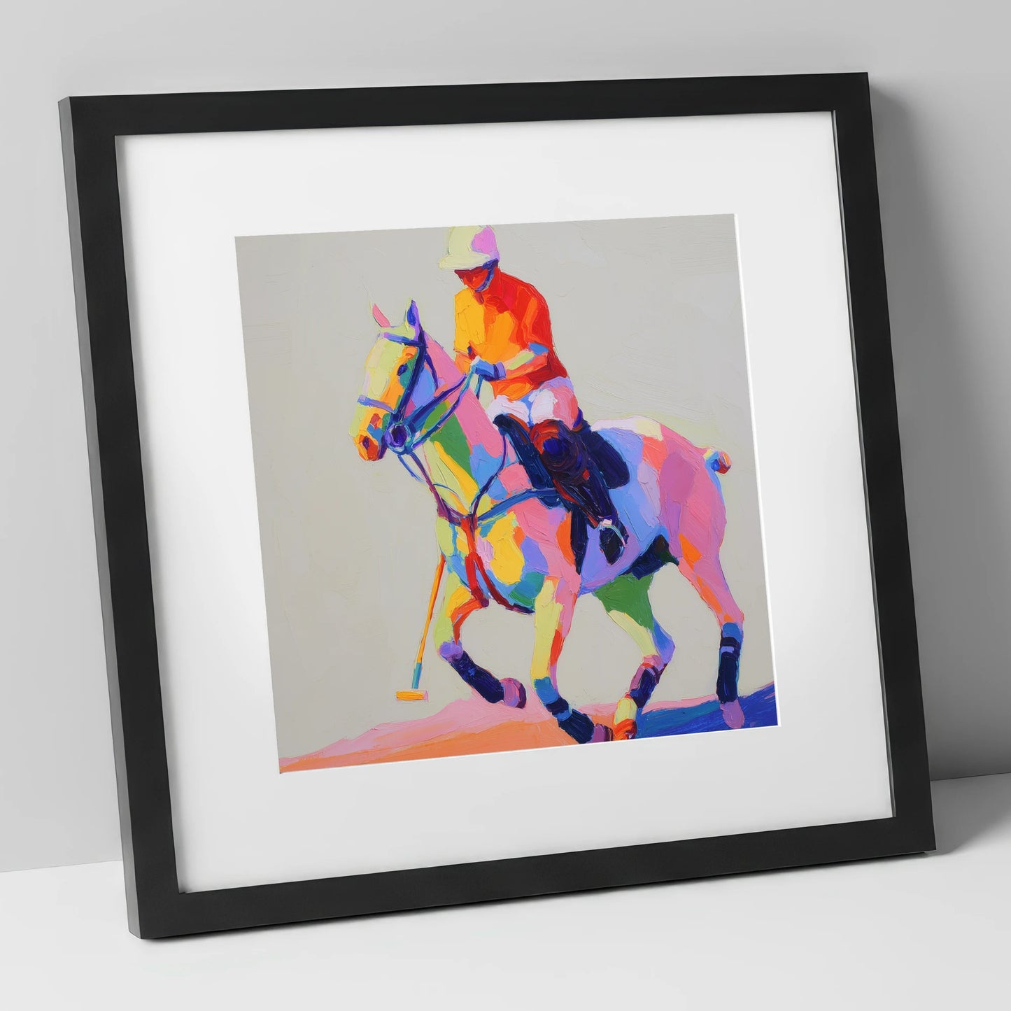 Vibrant Polo Pace polo horse art print in black frame