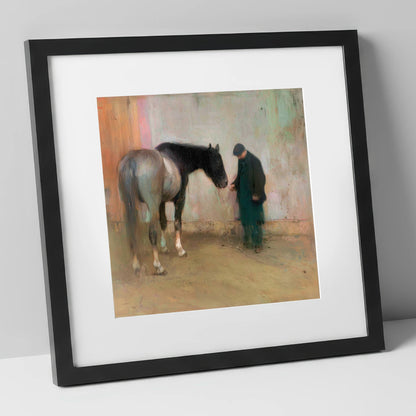 A Quiet Word horse & rider art print in black frame