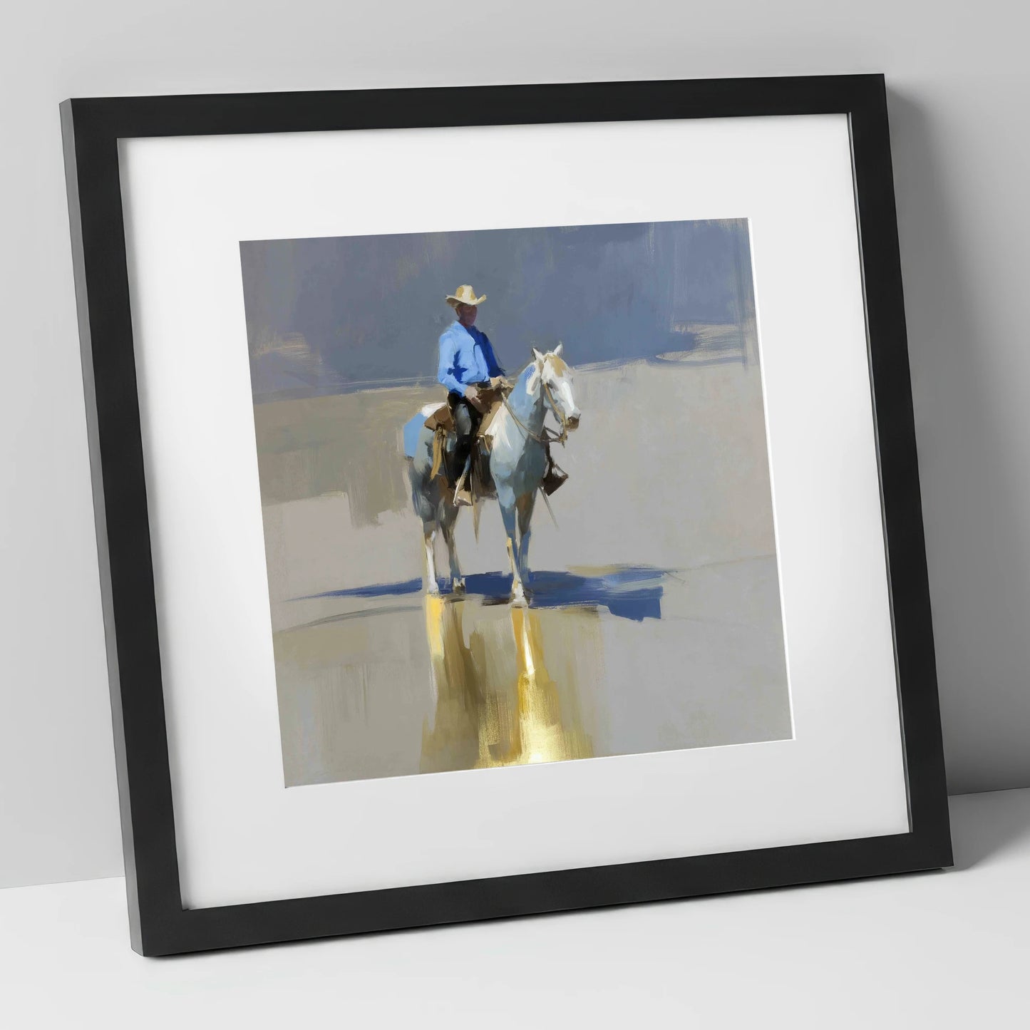 The Sunlit Rider western horse art print in black frame