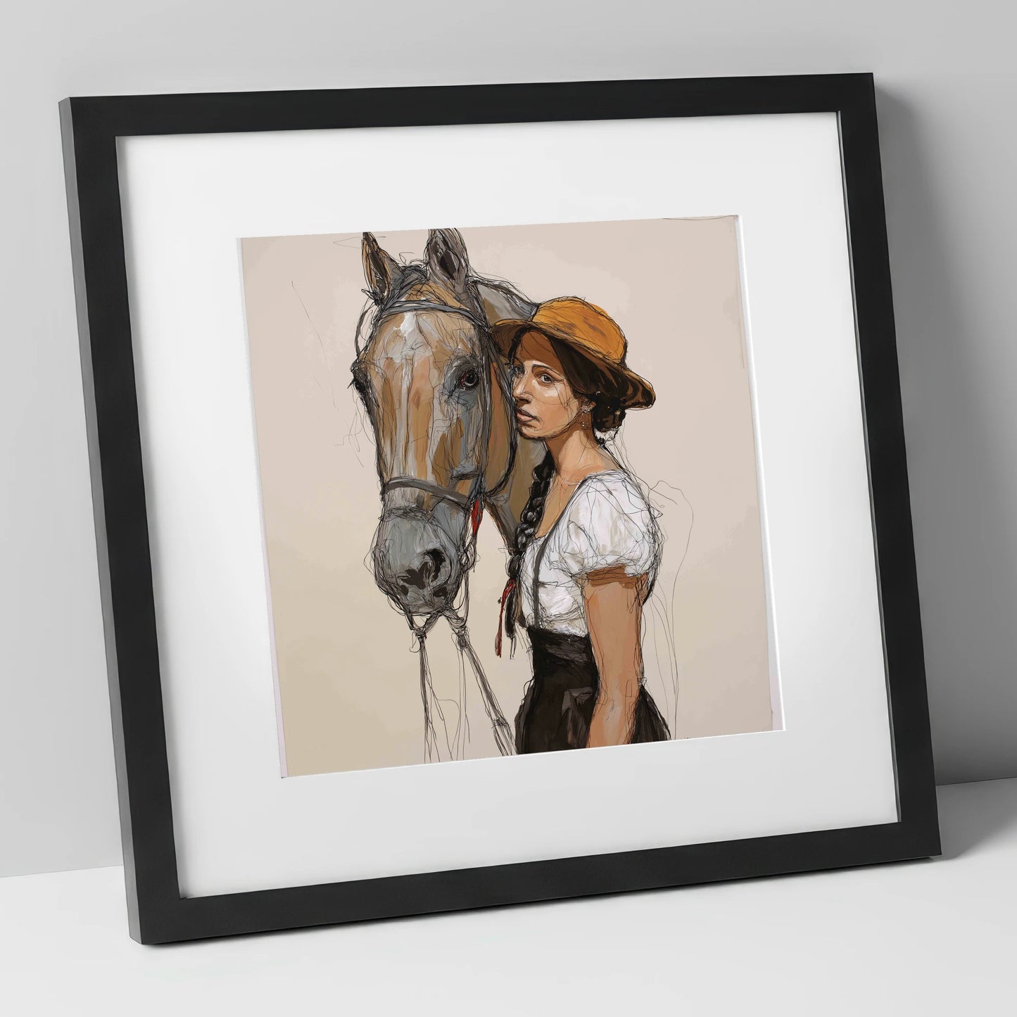 Unspoken Bond horse & rider art print in black frame