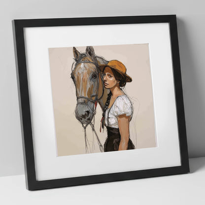 Unspoken Bond horse & rider art print in black frame