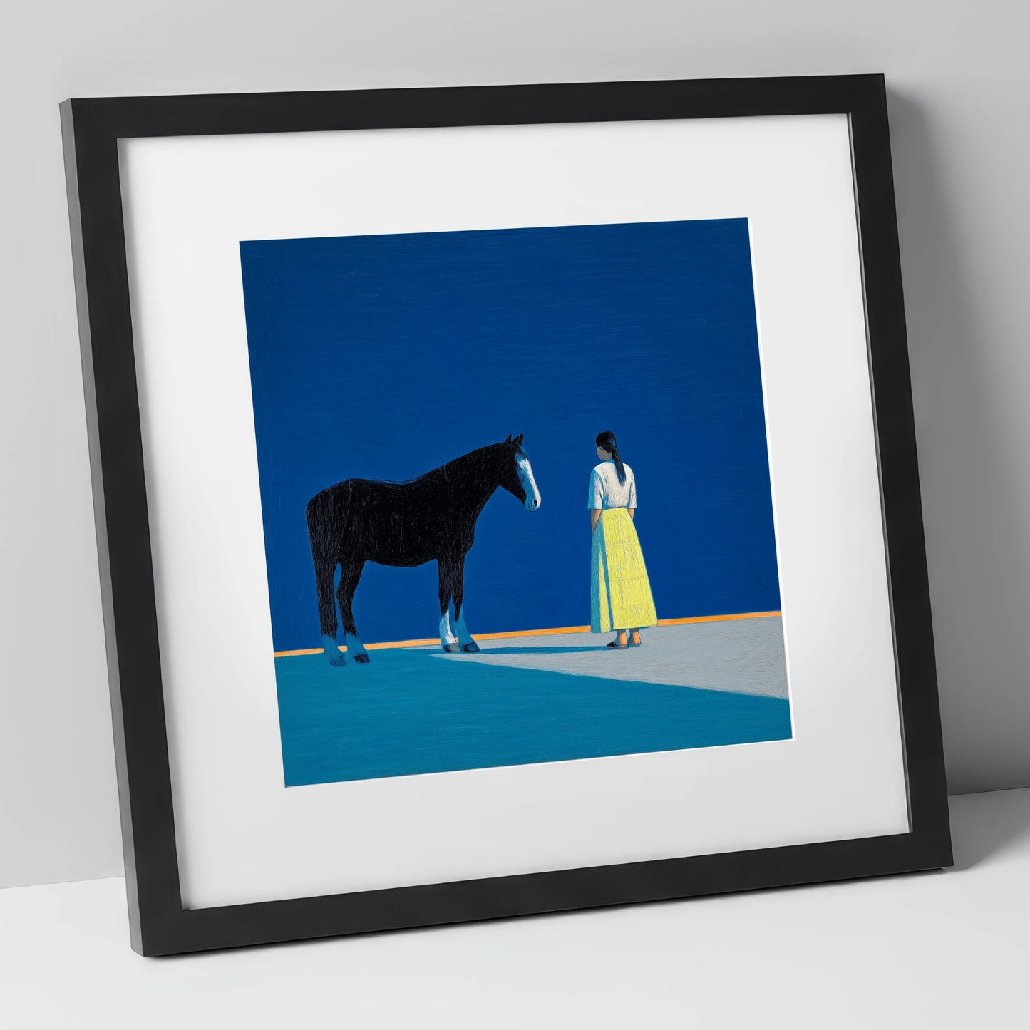 The Meeting Place horse & rider art print in black frame