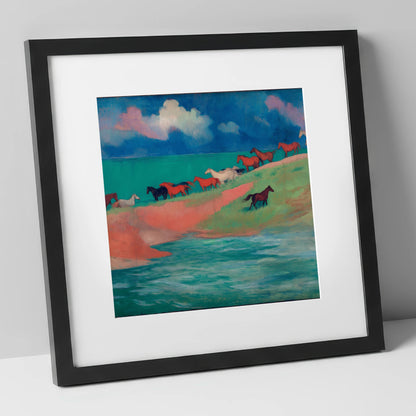 Spirited Coastal Herd wild horses art print in black frame