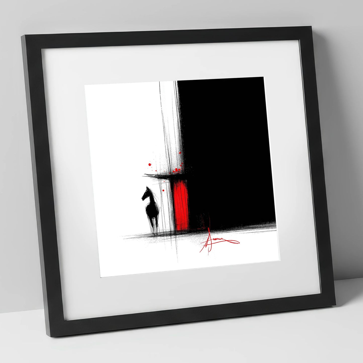 Crimson Stable Door horse stable art print in black frame